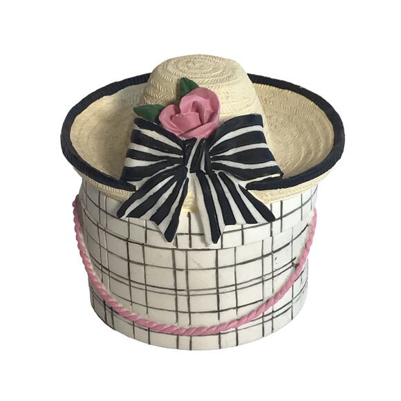 Vintage Women's Hat Ceramic Trinket Box Artisan Flair Pink Rose Bow Novelty - Picture 12 of 12